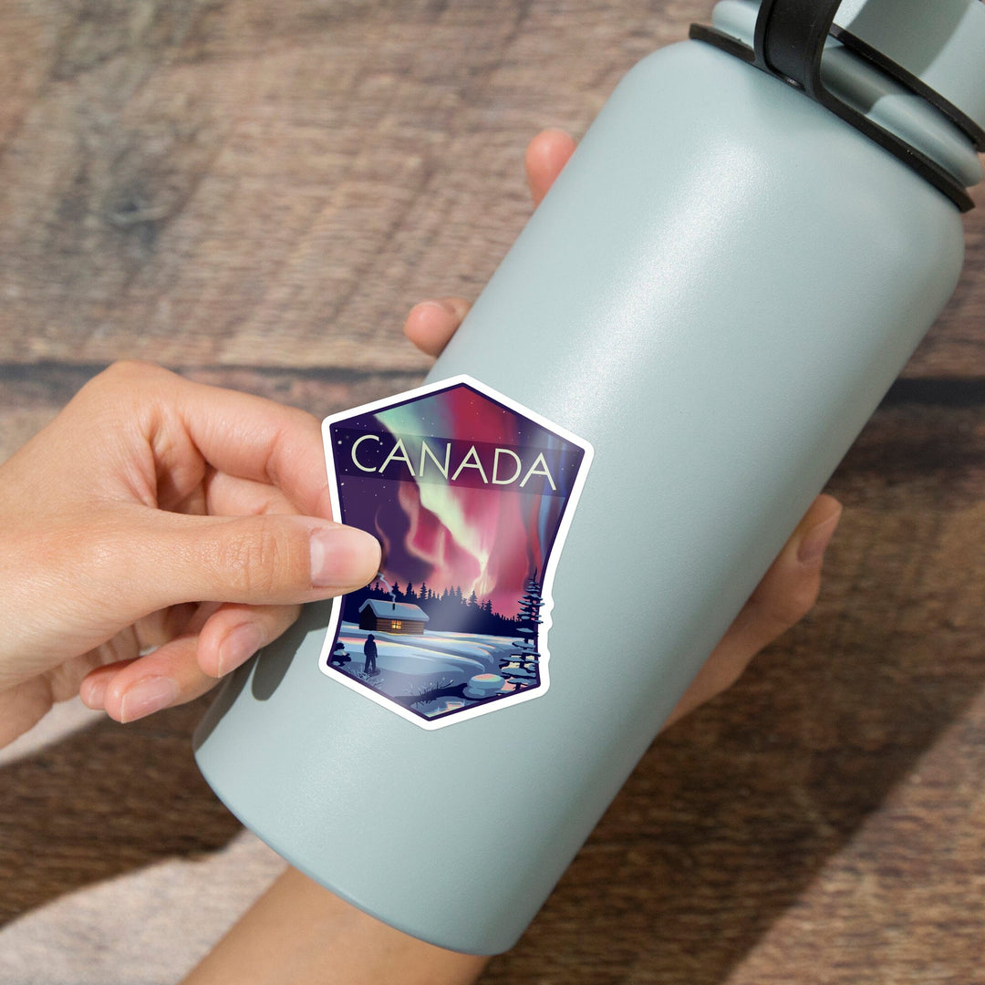 Canada, Northern Lights and Cabin, Contour, Vinyl Sticker Sticker Lantern Press 