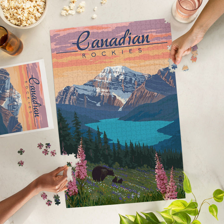 Canadian Rockies, Bear and Spring Flowers, Jigsaw Puzzle Puzzle Lantern Press 