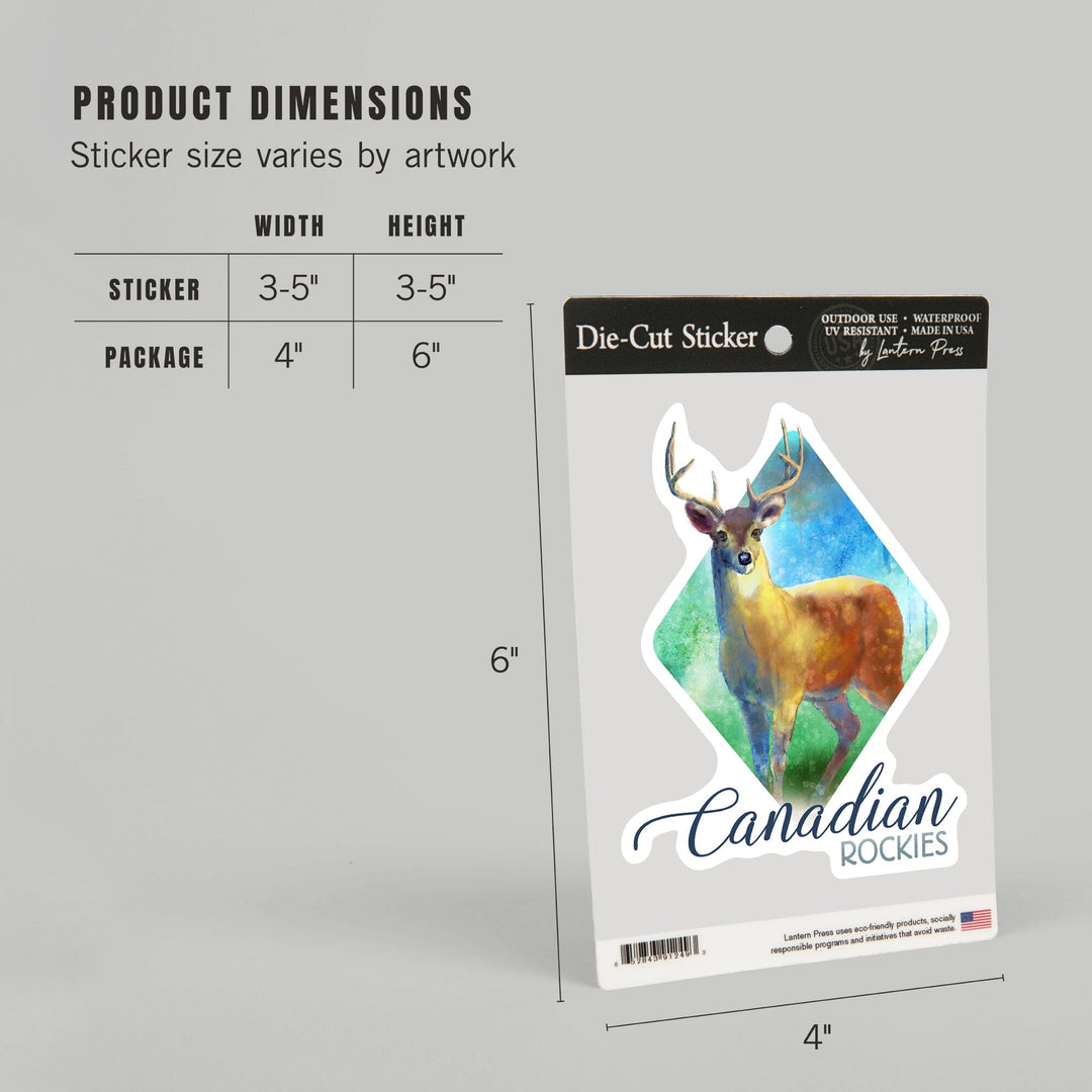 Canadian Rockies, Deer, Watercolor, Contour, Vinyl Sticker Sticker Lantern Press 