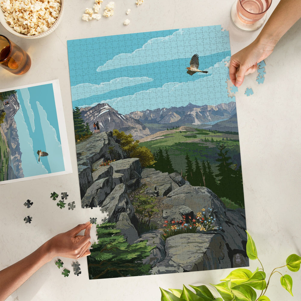 Canadian Rockies, Hikers and Hawk, Jigsaw Puzzle Puzzle Lantern Press 