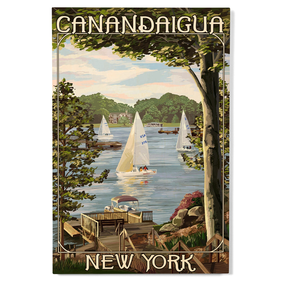 Canandaigua, New York, Lake View w/ Sailboats, Lantern Press Artwork, Wood Signs and Postcards Wood Lantern Press 