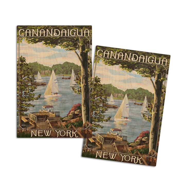 Canandaigua, New York, Lake View w/ Sailboats, Lantern Press Artwork, Wood Signs and Postcards Wood Lantern Press 4x6 Wood Postcard Set 