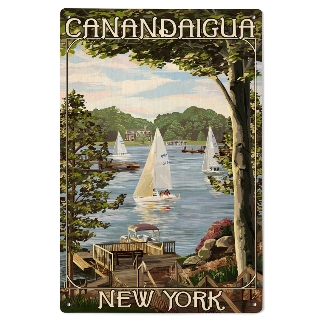 Canandaigua, New York, Lake View w/ Sailboats, Lantern Press Artwork, Wood Signs and Postcards Wood Lantern Press 