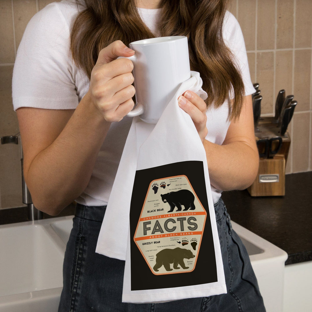 Canmore, Alberta, Canada, Facts About Bears, Grizzly and Black Bear, Contour, Organic Cotton Kitchen Tea Towels - Lantern Press