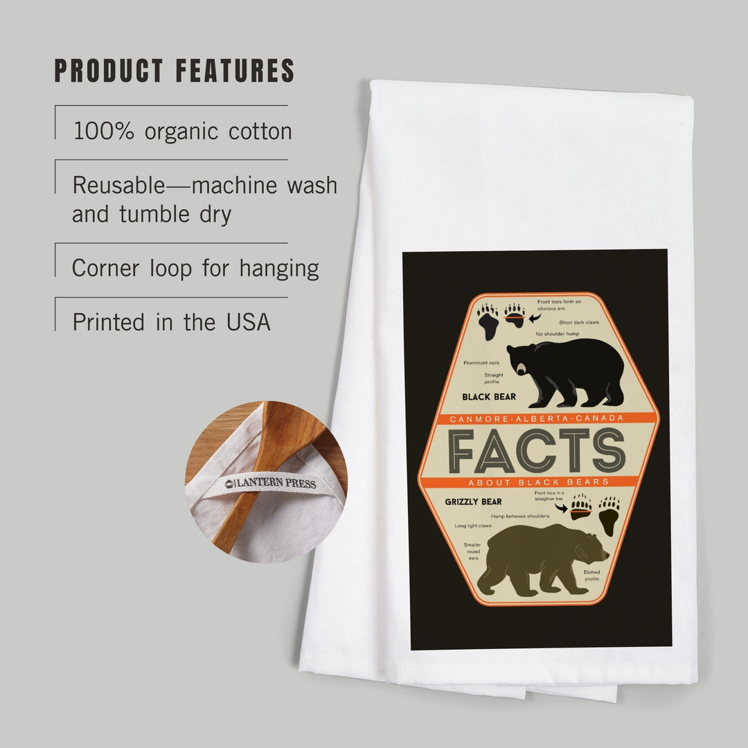 Canmore, Alberta, Canada, Facts About Bears, Grizzly and Black Bear, Contour, Organic Cotton Kitchen Tea Towels - Lantern Press