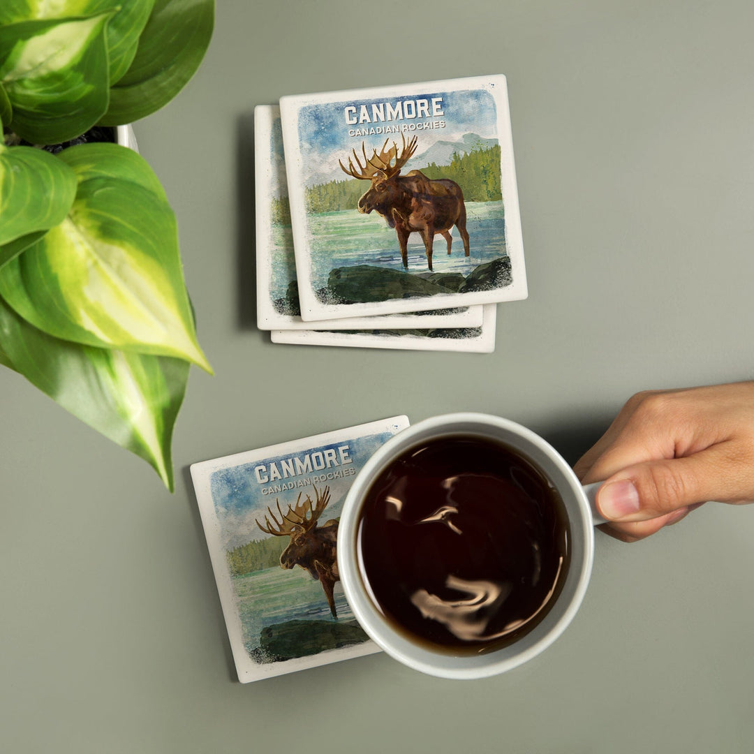 Canmore, Alberta, Canada, Watercolor, Moose, Coasters Coasters Lantern Press 