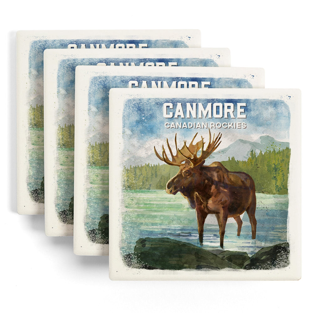 Canmore, Alberta, Canada, Watercolor, Moose, Coasters Coasters Lantern Press 