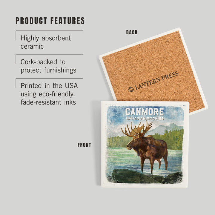 Canmore, Alberta, Canada, Watercolor, Moose, Coasters Coasters Lantern Press 