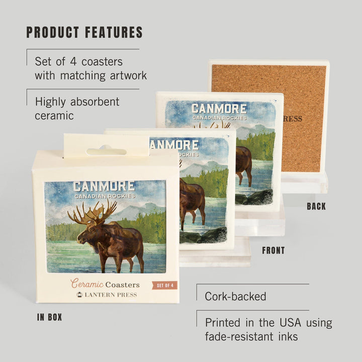Canmore, Alberta, Canada, Watercolor, Moose, Coasters Coasters Lantern Press 