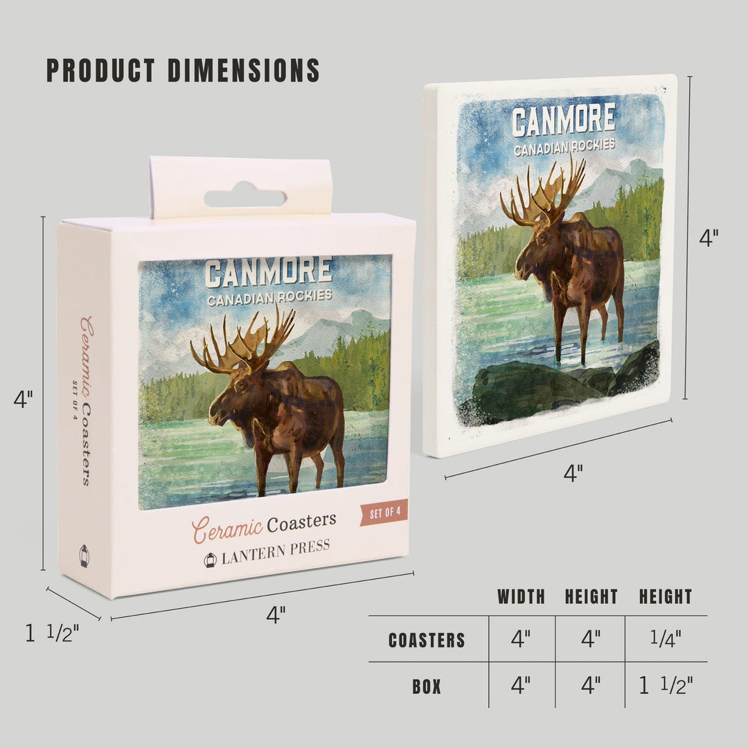 Canmore, Alberta, Canada, Watercolor, Moose, Coasters Coasters Lantern Press 