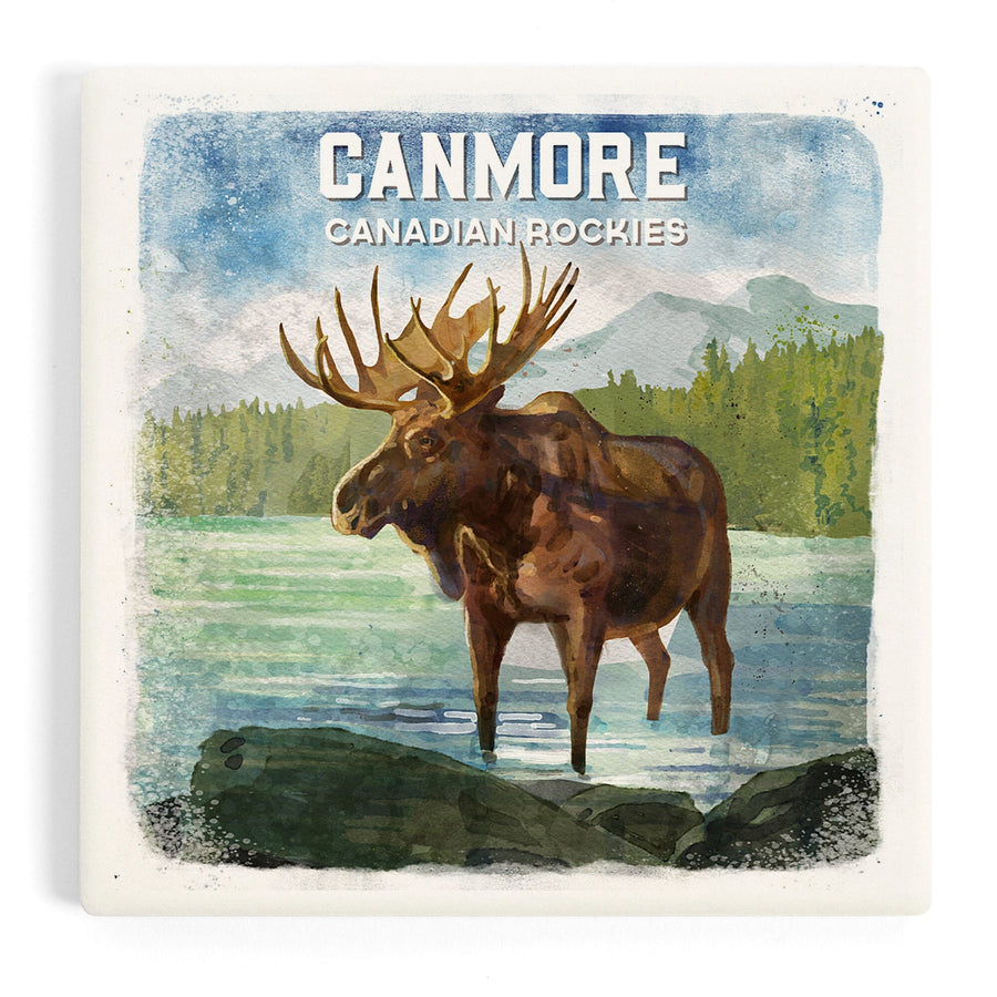 Canmore, Alberta, Canada, Watercolor, Moose, Coasters Coasters Lantern Press 