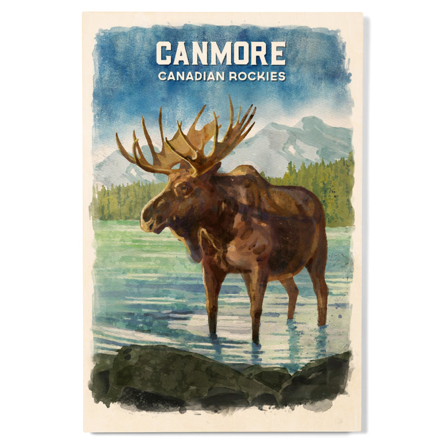 Canmore, Alberta, Canada, Watercolor, Moose, Wood Signs and Postcards Wood Lantern Press 