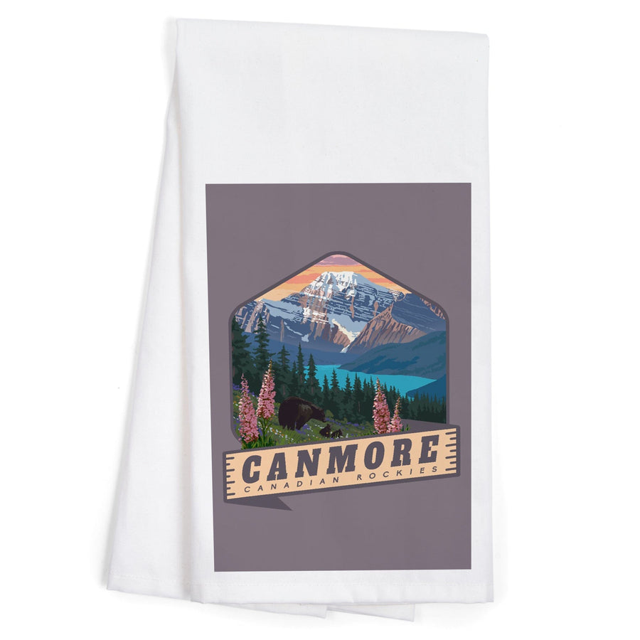 Canmore, Canada, Canadian Rockies, Bear and Spring Flowers, Contour, Organic Cotton Kitchen Tea Towels - Lantern Press