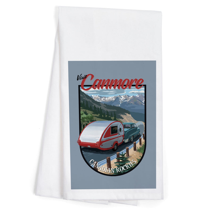 Canmore, Canada, Canadian Rockies, Retro Camper, Contour, Organic Cotton Kitchen Tea Towels - Lantern Press