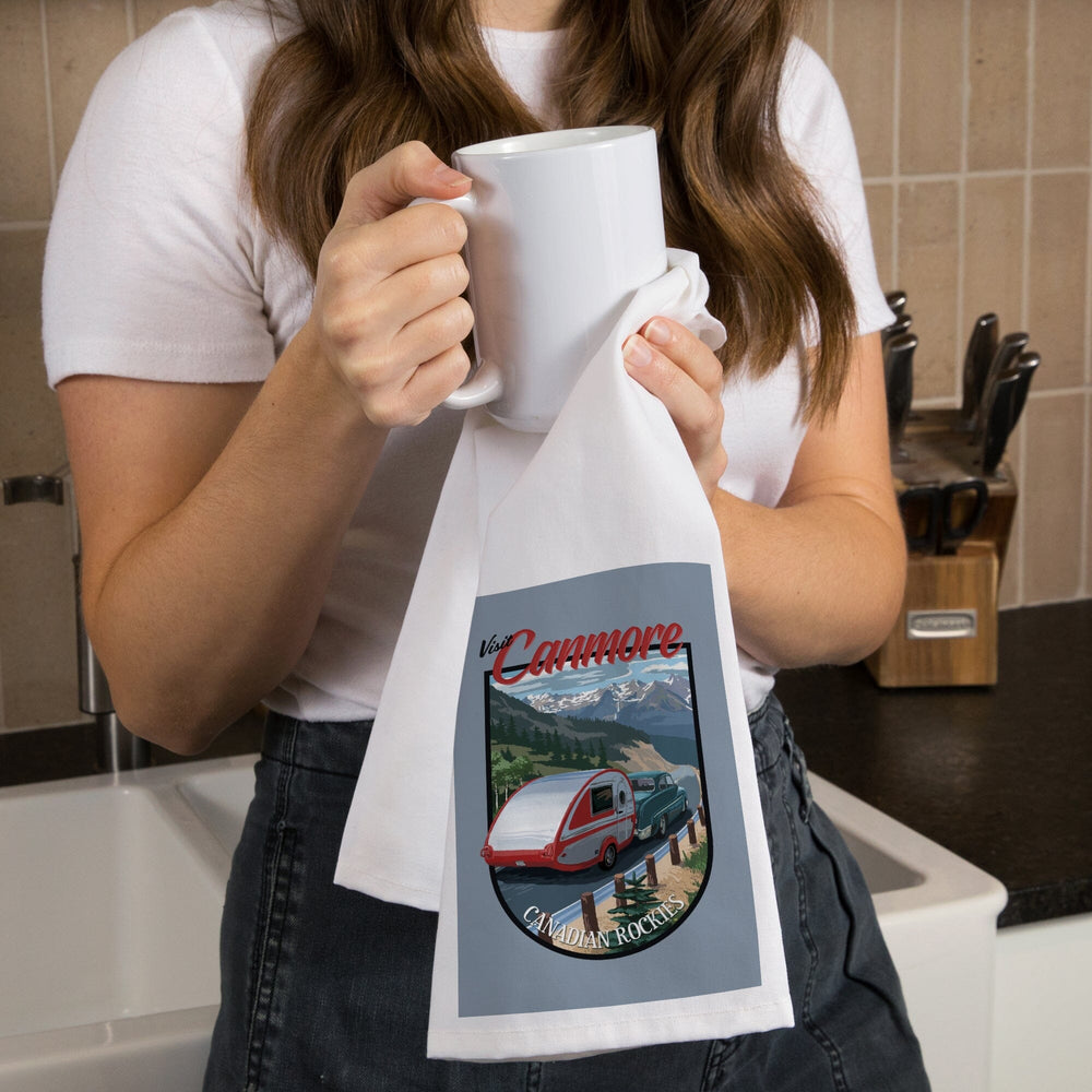 Canmore, Canada, Canadian Rockies, Retro Camper, Contour, Organic Cotton Kitchen Tea Towels Kitchen Lantern Press 