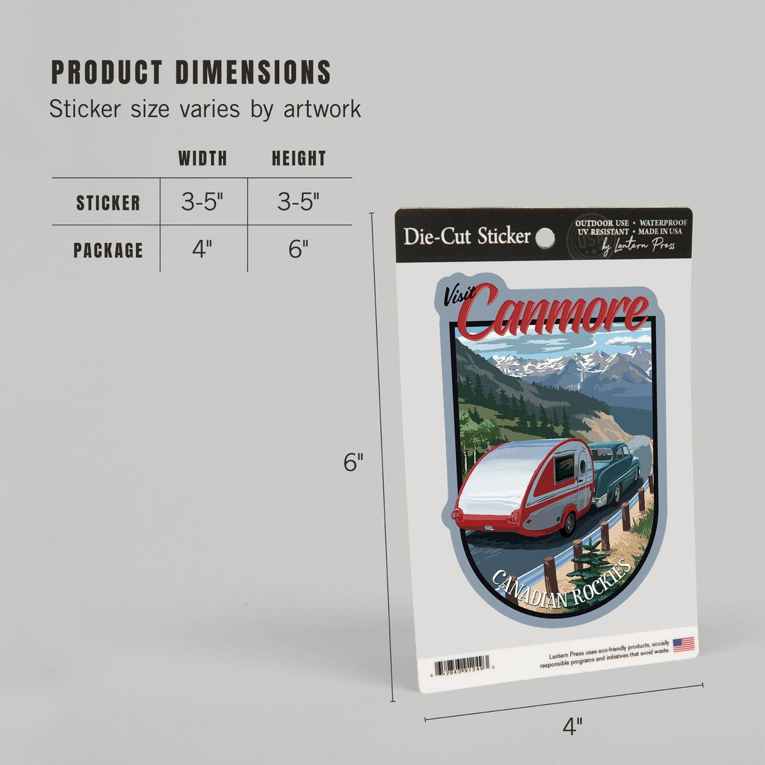 Canmore, Canada, Canadian Rockies, Retro Camper, Contour, Vinyl Sticker - Lantern Press