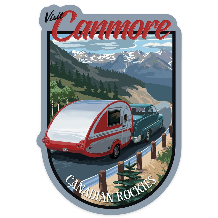 Canmore, Canada, Canadian Rockies, Retro Camper, Contour, Vinyl Sticker - Lantern Press