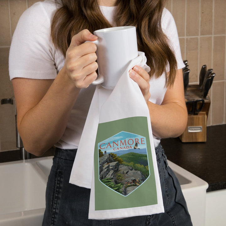 Canmore, Canada, Hikers and Hawk, Contour, Organic Cotton Kitchen Tea Towels - Lantern Press