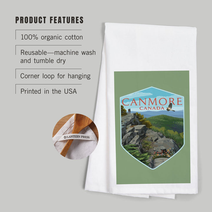 Canmore, Canada, Hikers and Hawk, Contour, Organic Cotton Kitchen Tea Towels - Lantern Press