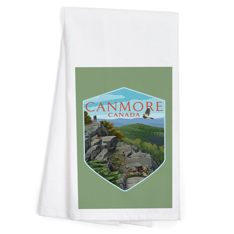 Canmore, Canada, Hikers and Hawk, Contour, Organic Cotton Kitchen Tea Towels Kitchen Lantern Press 