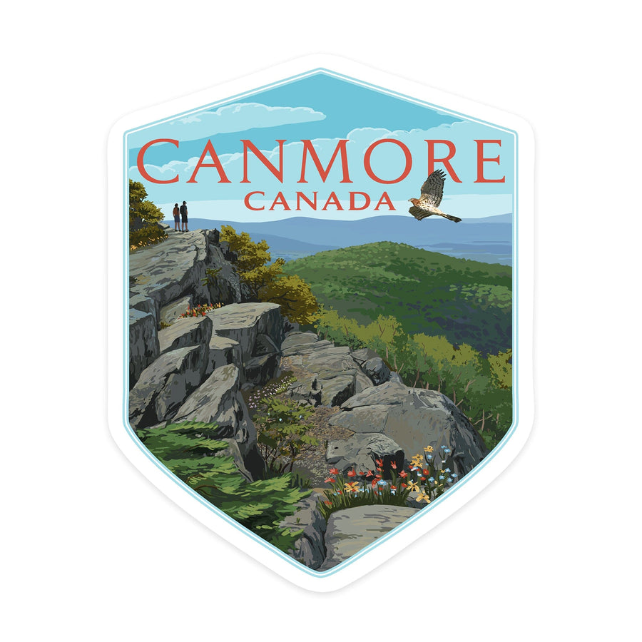 Canmore, Canada, Hikers and Hawk, Contour, Vinyl Sticker - Lantern Press