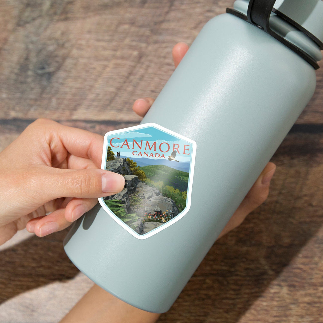 Canmore, Canada, Hikers and Hawk, Contour, Vinyl Sticker - Lantern Press