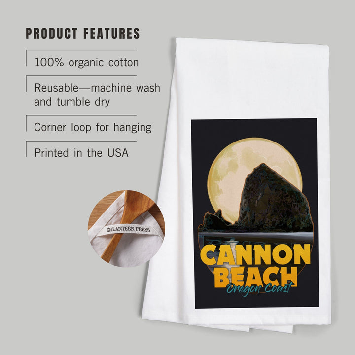 Cannon Beach, Oregon, Haystack Rock and Full Moon, Contour, Organic Cotton Kitchen Tea Towels - Lantern Press