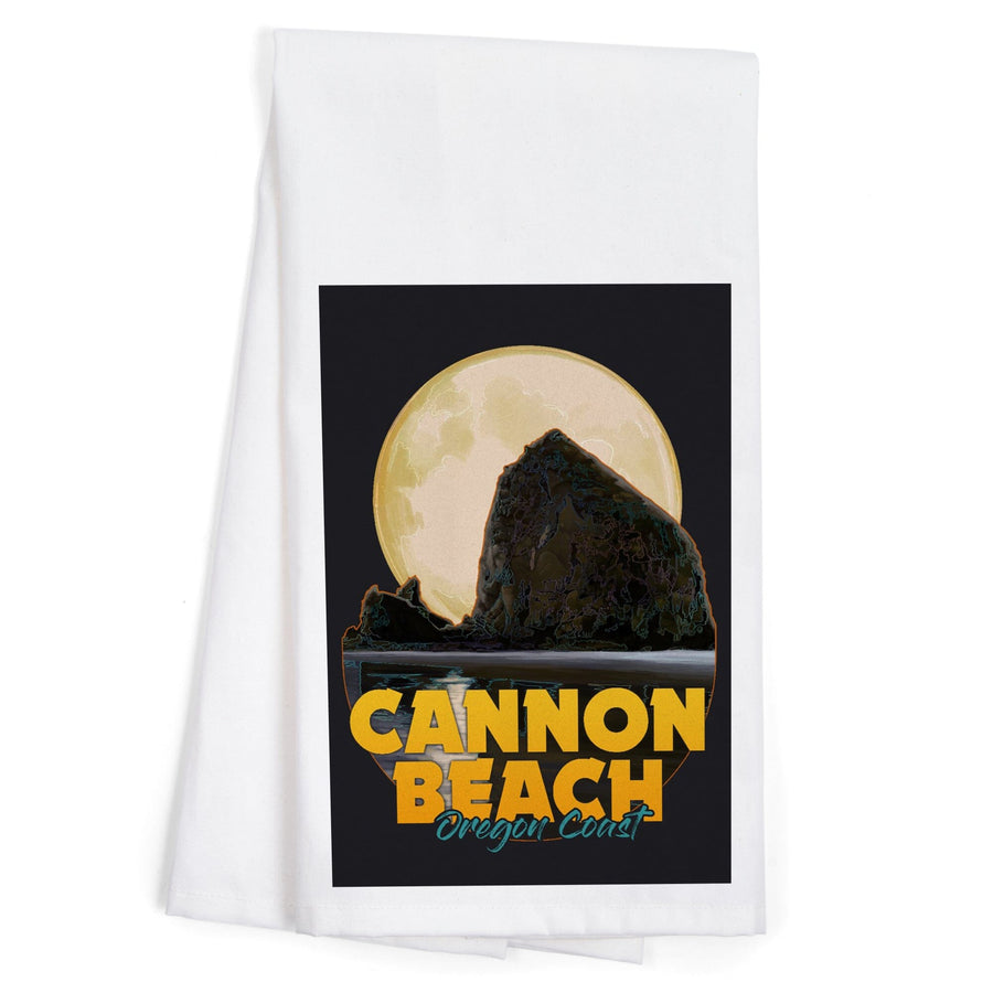 Cannon Beach, Oregon, Haystack Rock and Full Moon, Contour, Organic Cotton Kitchen Tea Towels - Lantern Press