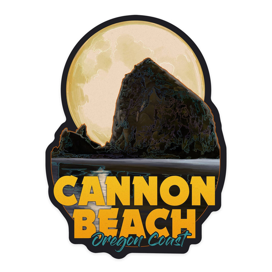 Cannon Beach, Oregon, Haystack Rock & Full Moon, Contour, Lantern Press Artwork, Vinyl Sticker Sticker Lantern Press 