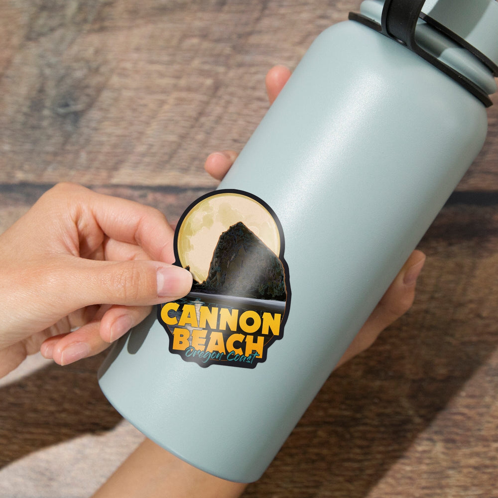 Cannon Beach, Oregon, Haystack Rock & Full Moon, Contour, Lantern Press Artwork, Vinyl Sticker - Lantern Press