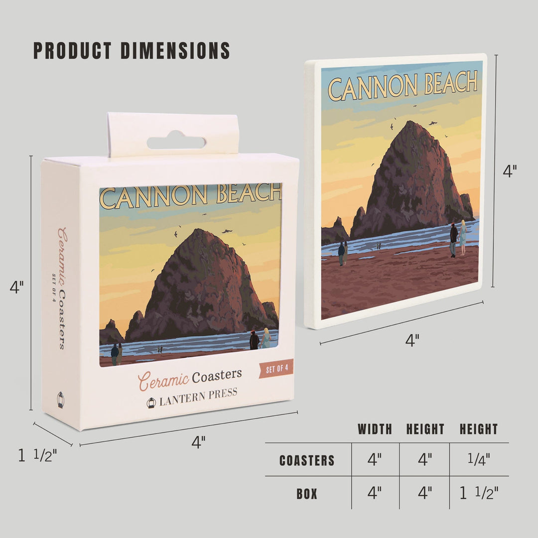 Cannon Beach, Oregon, Haystack Rock, Lantern Press Artwork, Coaster Set - Lantern Press