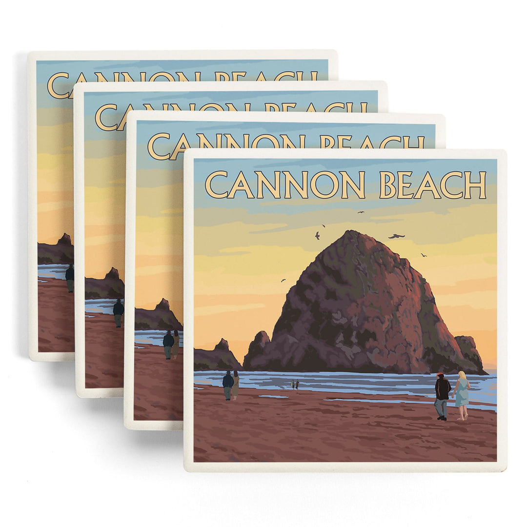 Cannon Beach, Oregon, Haystack Rock, Lantern Press Artwork, Coaster Set - Lantern Press