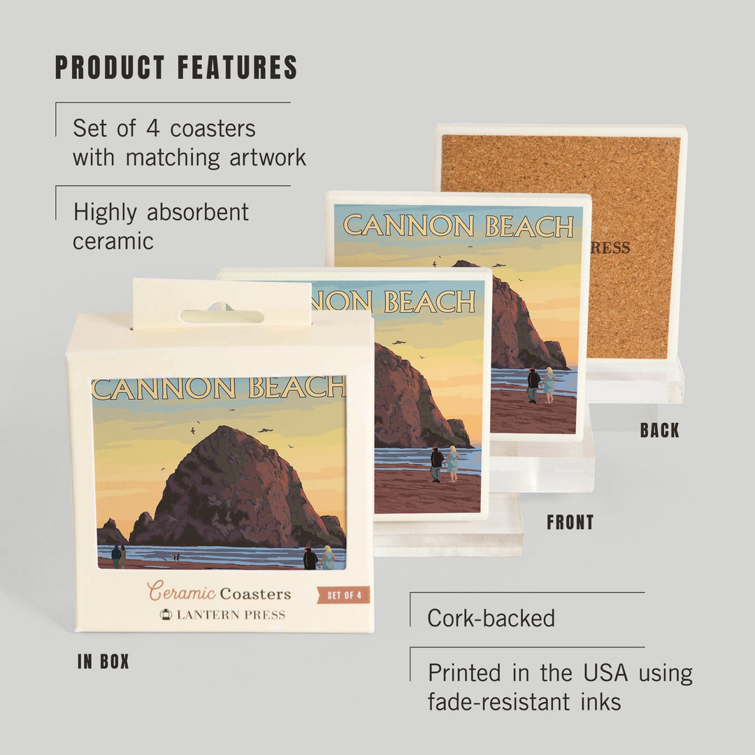 Cannon Beach, Oregon, Haystack Rock, Lantern Press Artwork, Coaster Set - Lantern Press