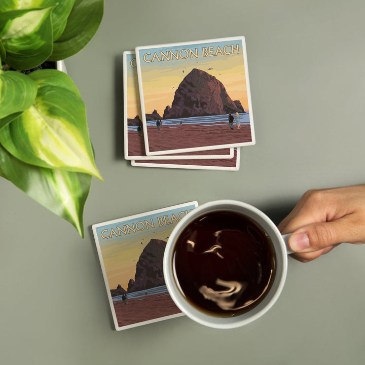 Cannon Beach, Oregon, Haystack Rock, Lantern Press Artwork, Coaster Set - Lantern Press