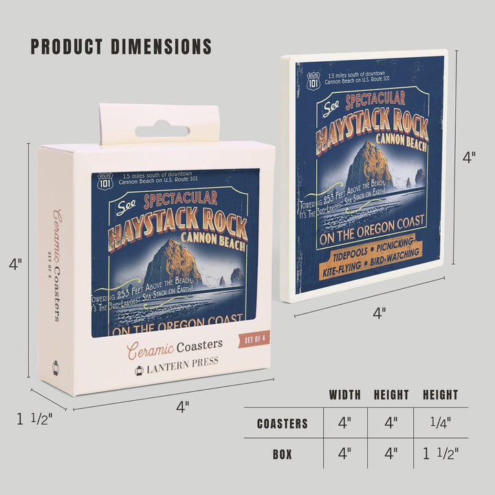 Cannon Beach, Oregon, Haystack Rock Vintage Sign, Coasters Coasters Lantern Press 