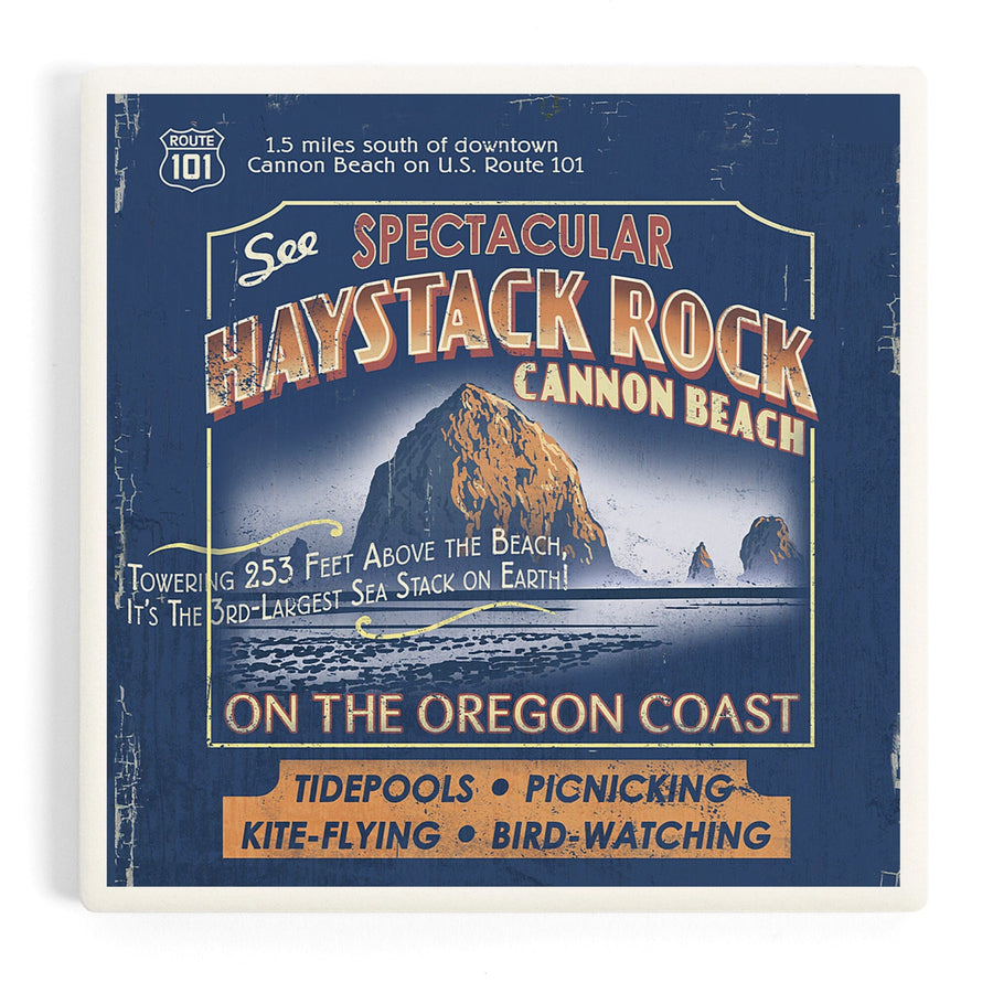 Cannon Beach, Oregon, Haystack Rock Vintage Sign, Coasters Coasters Lantern Press 