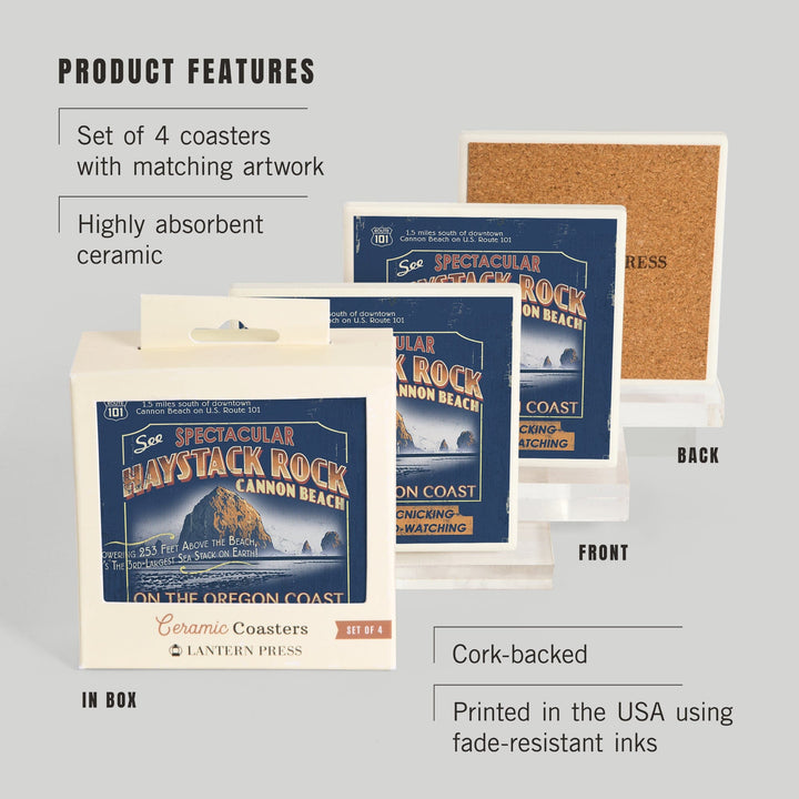 Cannon Beach, Oregon, Haystack Rock Vintage Sign, Coasters Coasters Lantern Press 