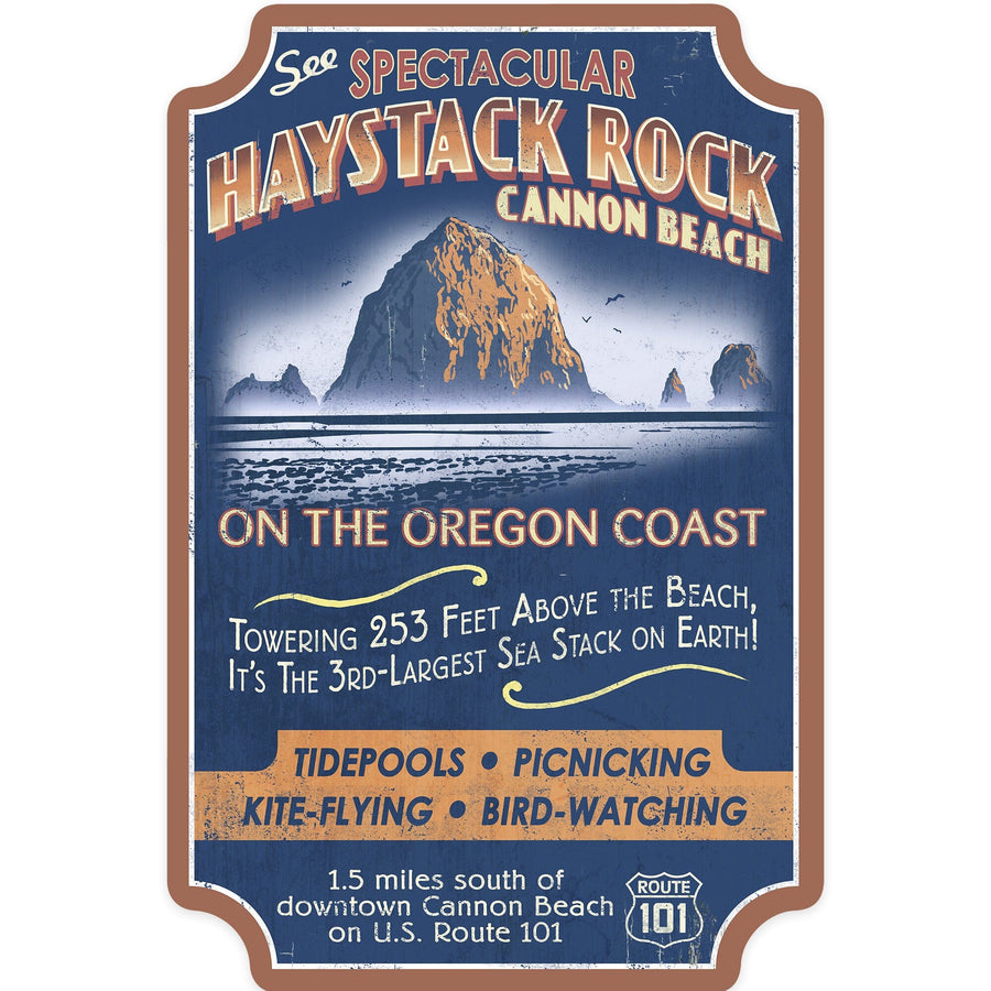 Cannon Beach, Oregon, Haystack Rock Vintage Sign, Contour, Vinyl Sticker - Lantern Press