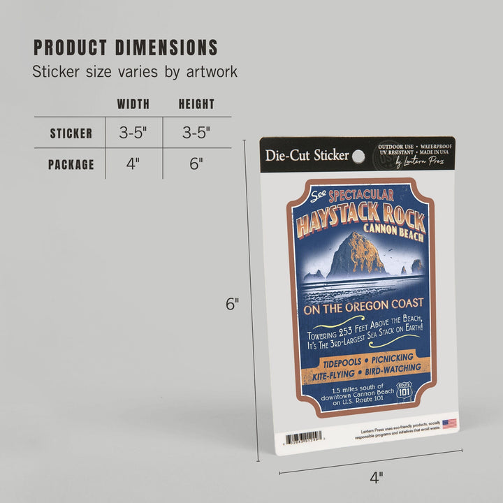 Cannon Beach, Oregon, Haystack Rock Vintage Sign, Contour, Vinyl Sticker - Lantern Press
