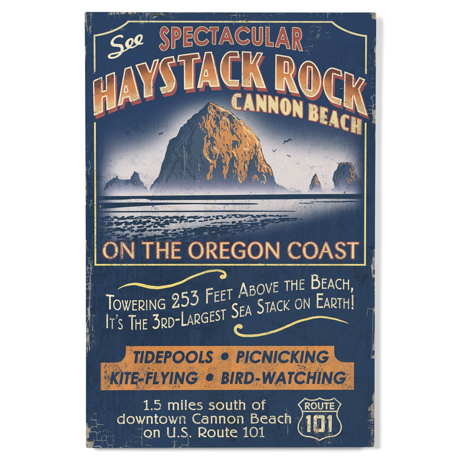Cannon Beach, Oregon, Haystack Rock Vintage Sign, Lantern Press Artwork, Wood Signs and Postcards - Lantern Press