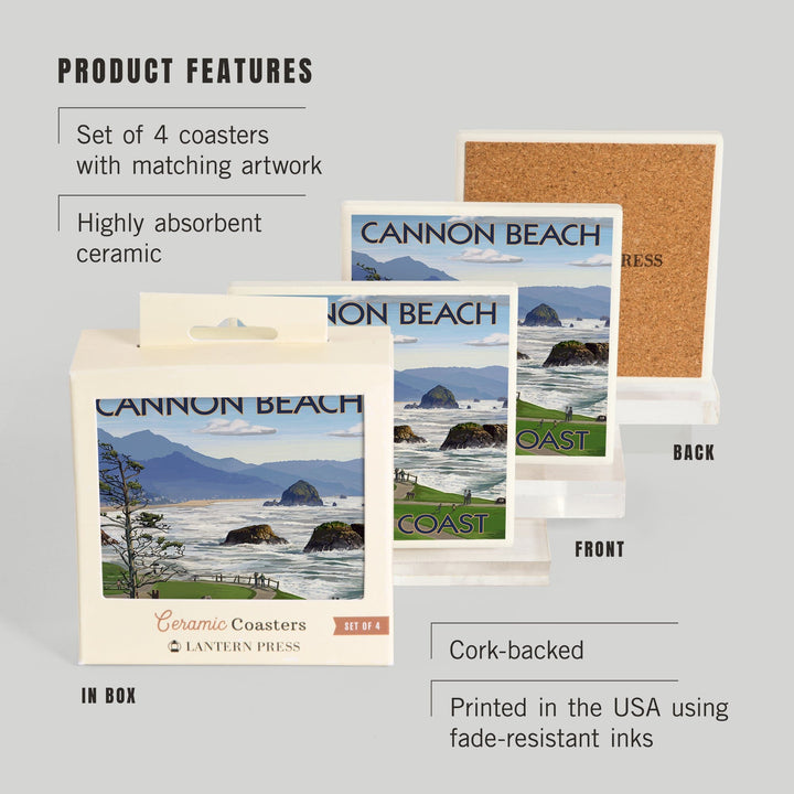 Cannon Beach, Oregon, Oregon Coast View, Lantern Press Artwork, Coaster Set - Lantern Press