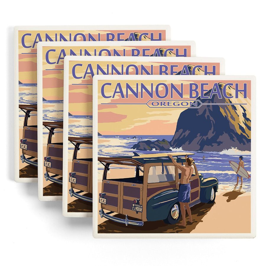 Cannon Beach, Oregon, Woody and Haystack Rock, Lantern Press Artwork, Coaster Set - Lantern Press