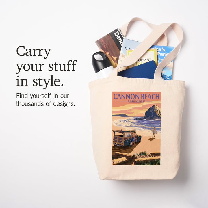 Cannon Beach, Oregon, Woody and Haystack Rock, Tote Bag Totes Lantern Press 