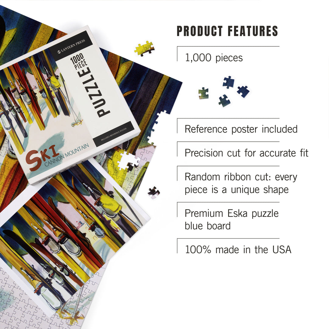 Cannon Mountain, New Hampshire, Colorful Skis, Jigsaw Puzzle Puzzle Lantern Press 