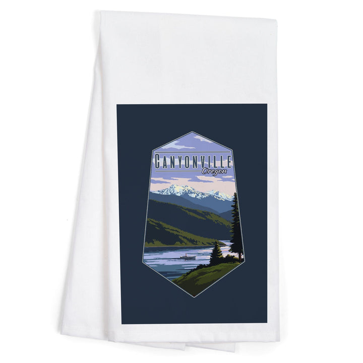 Canyonville, Oregon, Fisherman and Mountains, Contour, Organic Cotton Kitchen Tea Towels - Lantern Press