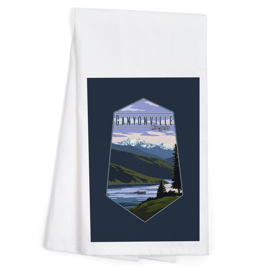 Canyonville, Oregon, Fisherman and Mountains, Contour, Organic Cotton Kitchen Tea Towels - Lantern Press