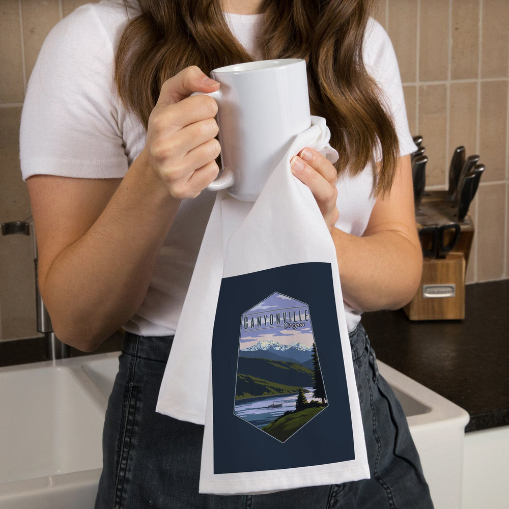 Canyonville, Oregon, Fisherman and Mountains, Contour, Organic Cotton Kitchen Tea Towels Kitchen Lantern Press 