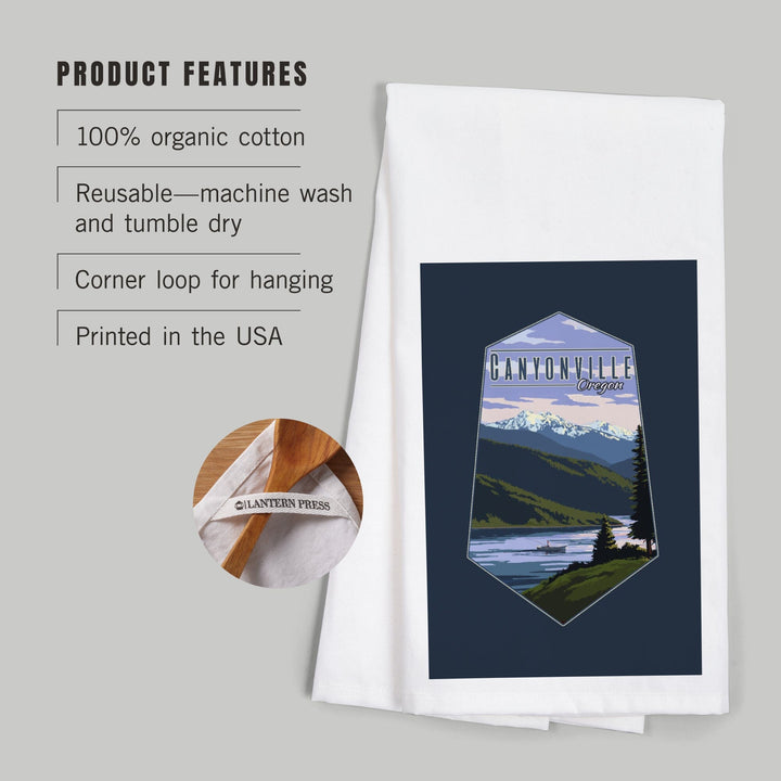 Canyonville, Oregon, Fisherman and Mountains, Contour, Organic Cotton Kitchen Tea Towels - Lantern Press