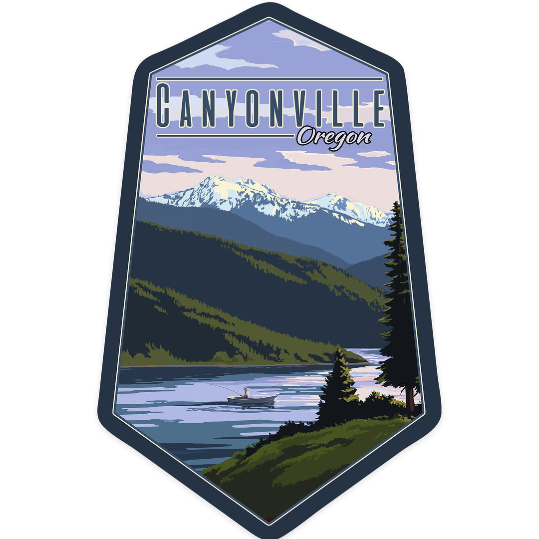 Canyonville, Oregon, Fisherman and Mountains, Contour, Vinyl Sticker - Lantern Press