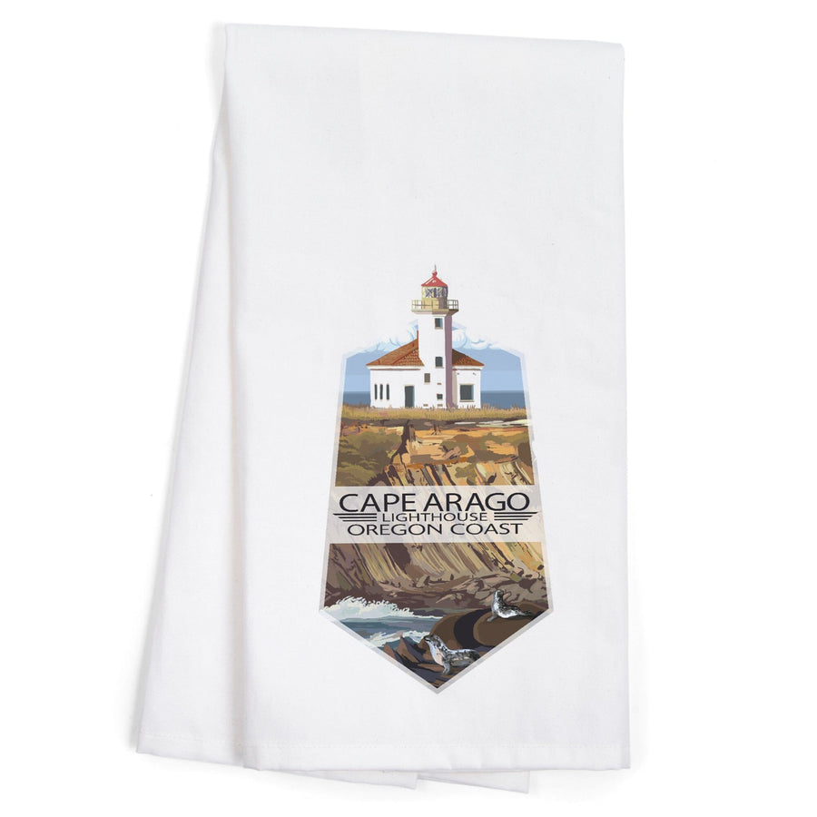 Cape Arago Lighthouse, Oregon, Oregon Coast, Contour, Organic Cotton Kitchen Tea Towels - Lantern Press